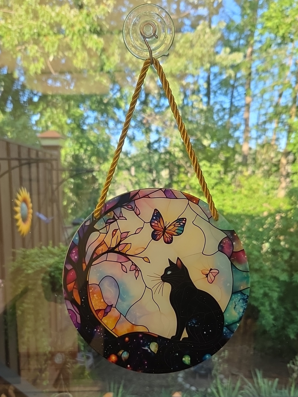 Black Cat & Butterfly Stained-Glass Style Window Art - Multicolor